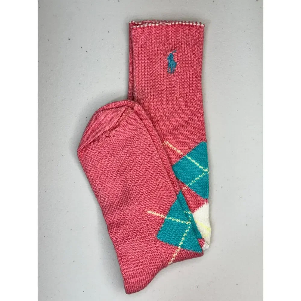 VTG Polo Ralph Lauren Argyle Crew Trouser Socks Pink & Blue Iconic Pony Logo